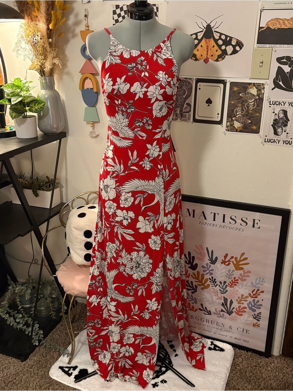 Express Red Floral Crane Open Back Maxi Dress Size M NWT
